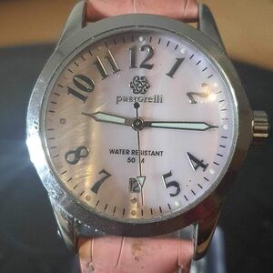 🦋 Pastorelli Silver/Pink Leather Women's Watch w/Date NWOT